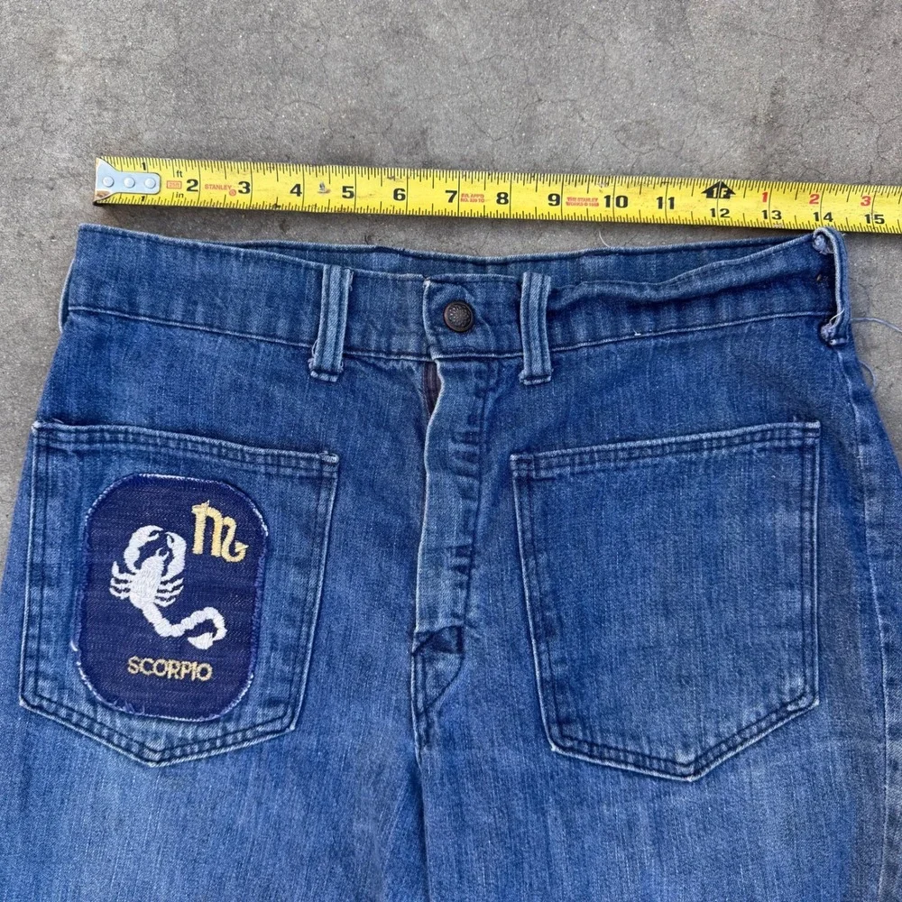 Vintage Big Yank 70s Bell Bottom Flared Jeans Scorpio Patch USA Denim 28x27